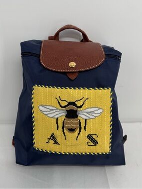 Longchamp Le Pliage Backpack  Foldable Leather Flap Used Blue